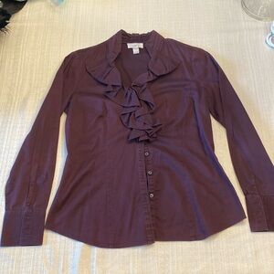 Loft, Women’s, Size 8, plum, ruffle neck, button down, shirt